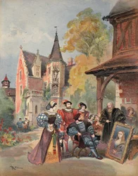 Leonardo da Vinci entrega la Mona Lisa a Francisco I, ilustración de 